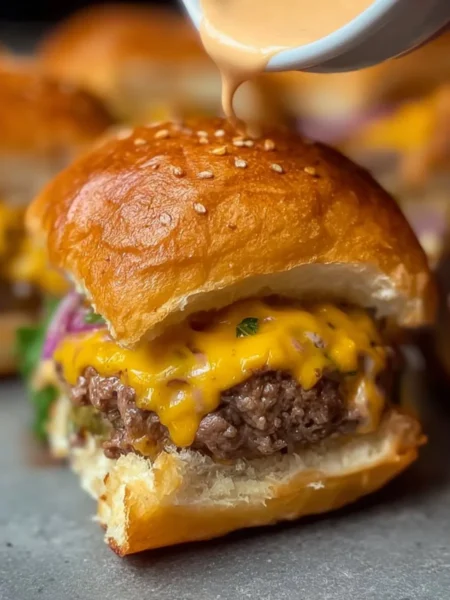 Hawaiian Roll cheeseburger sliders on a platter with toppings and sides
