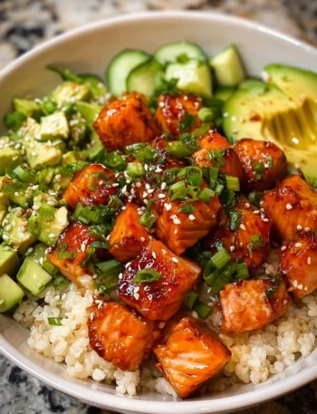 Honey glazed salmon rice bowls topped with fresh vegetables and sesame seeds.