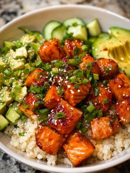 Honey glazed salmon rice bowls topped with fresh vegetables and sesame seeds.