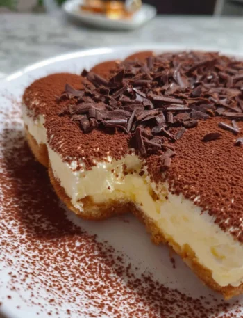 Delicious homemade Italian tiramisu served in a rustic dish with cocoa powder on top