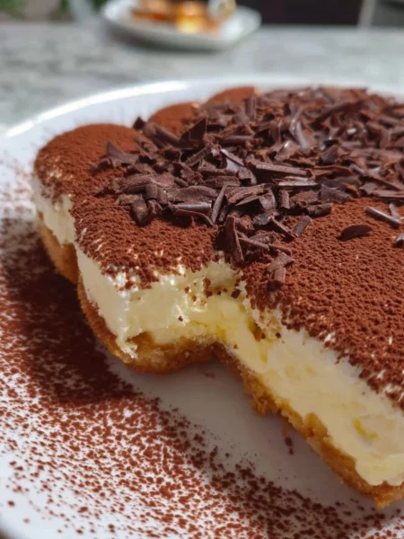 Delicious homemade Italian tiramisu served in a rustic dish with cocoa powder on top