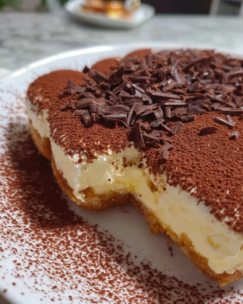 Delicious homemade Italian tiramisu served in a rustic dish with cocoa powder on top