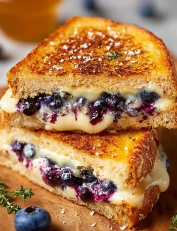Delicious blueberry grilled cheese sandwich with melted cheese and fresh blueberries