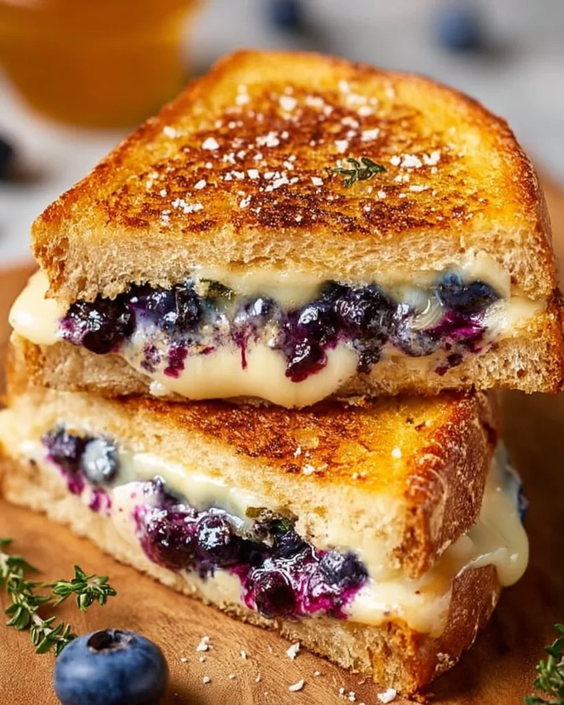 Delicious blueberry grilled cheese sandwich with melted cheese and fresh blueberries