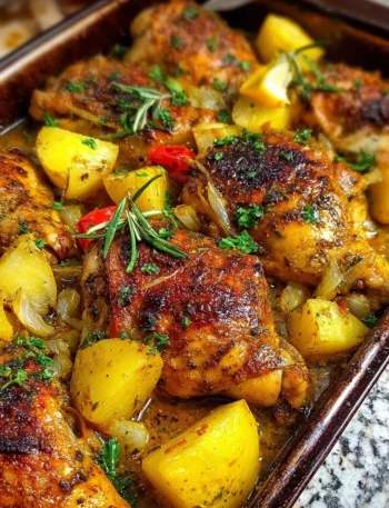 Delicious Lemon Garlic Chicken served on a plate with herbs and lemon slices.