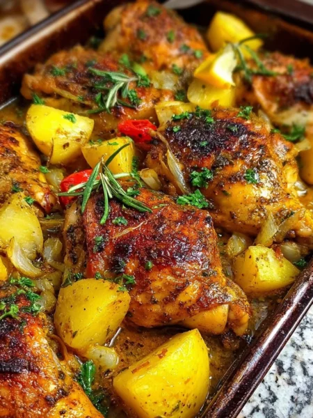Delicious Lemon Garlic Chicken served on a plate with herbs and lemon slices.