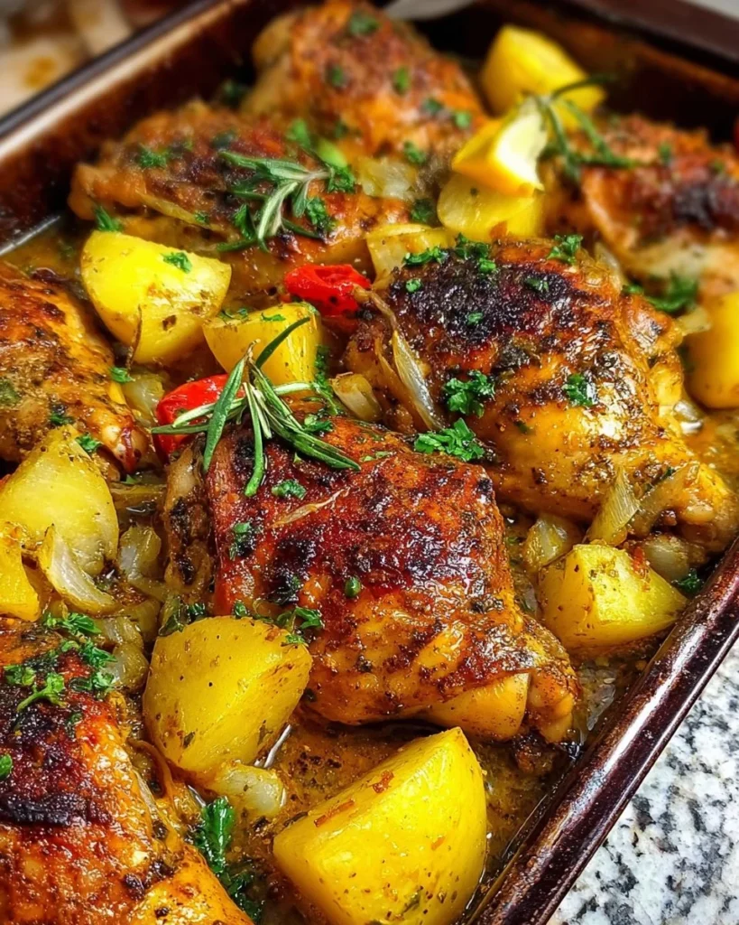 Delicious Lemon Garlic Chicken served on a plate with herbs and lemon slices.