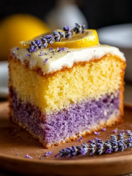 Delicious Lemon Lavender Cake with a garnish of lavender flowers and lemon slices