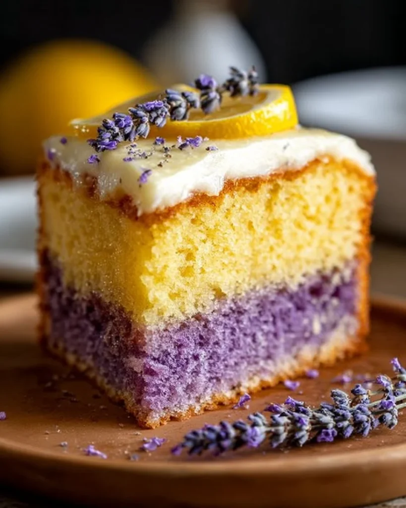 Delicious Lemon Lavender Cake with a garnish of lavender flowers and lemon slices