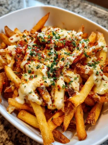 Plate of homemade Louisiana Voodoo Fries inspired by Wingstop recipe