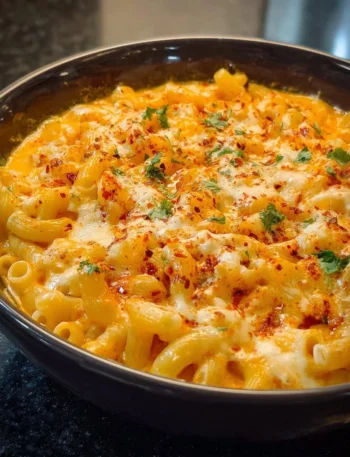 Delicious bowl of homemade macaroni and cheese topped with breadcrumbs