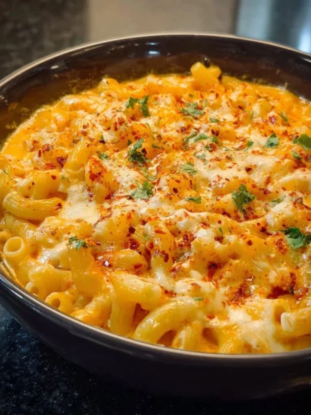 Delicious bowl of homemade macaroni and cheese topped with breadcrumbs