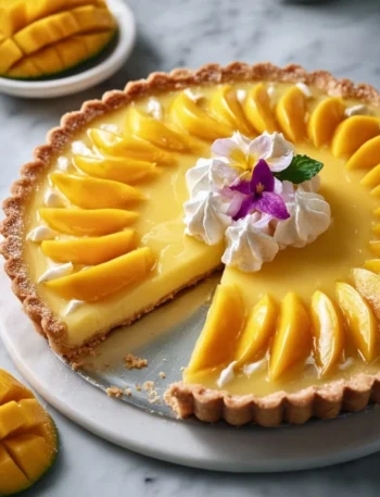 Delicious Mango Curd Tart topped with fresh mango slices and mint leaves