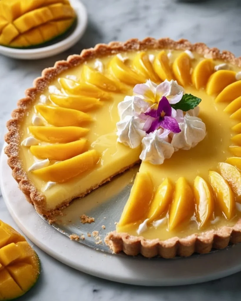 Delicious Mango Curd Tart topped with fresh mango slices and mint leaves