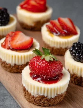 Delicious mini cheesecakes topped with fresh fruit on a white plate.