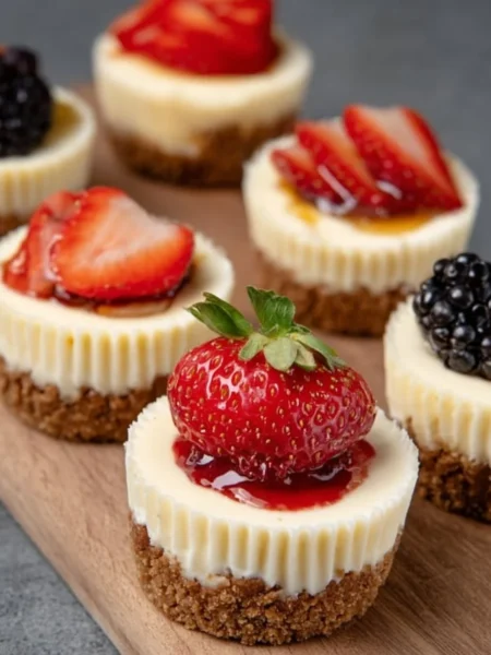 Delicious mini cheesecakes topped with fresh fruit on a white plate.