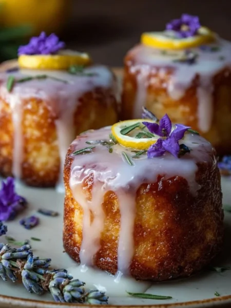 Mini lemon cakes with lavender glaze, a delicious dessert treat.