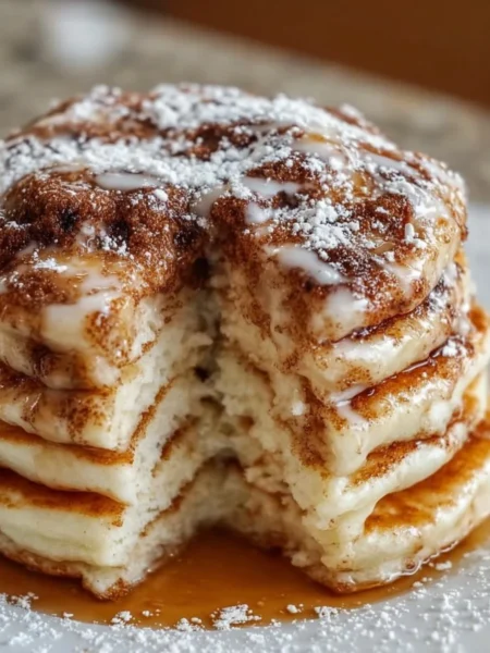 Delicious cinnamon roll pancakes topped with icing and syrup on a plate