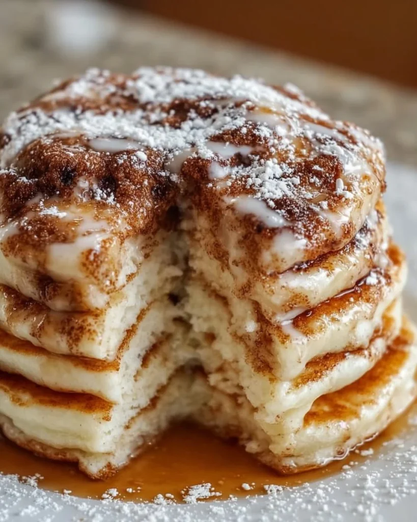 Delicious cinnamon roll pancakes topped with icing and syrup on a plate