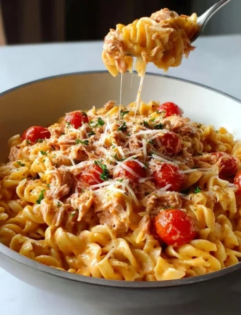 Delicious one pan creamy tuna pasta served in a bowl with fresh herbs