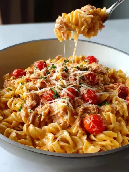 Delicious one pan creamy tuna pasta served in a bowl with fresh herbs