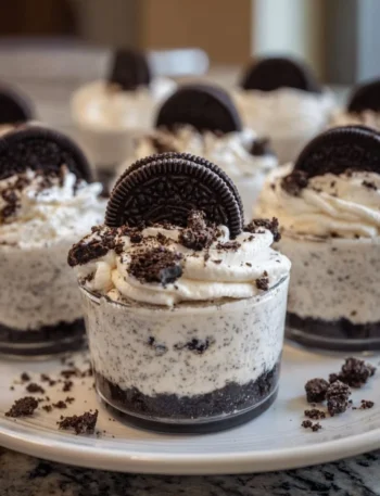 Delicious Oreo no-bake cheesecake cups topped with crushed Oreos.