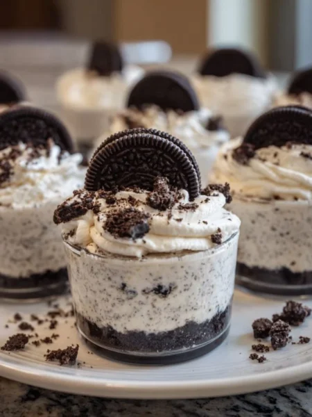 Delicious Oreo no-bake cheesecake cups topped with crushed Oreos.