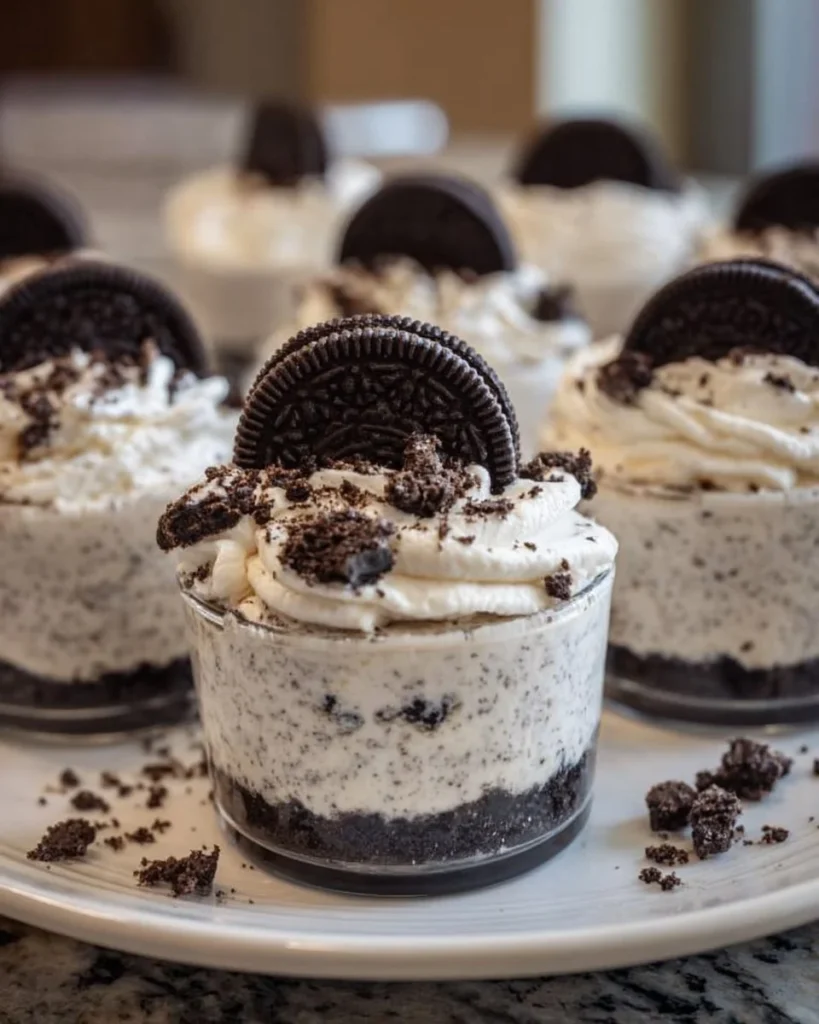 Delicious Oreo no-bake cheesecake cups topped with crushed Oreos.