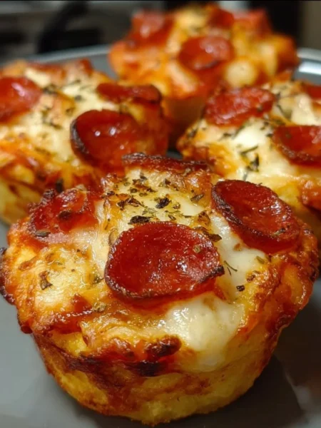 Delicious pizza cupcakes topped with cheese and pepperoni