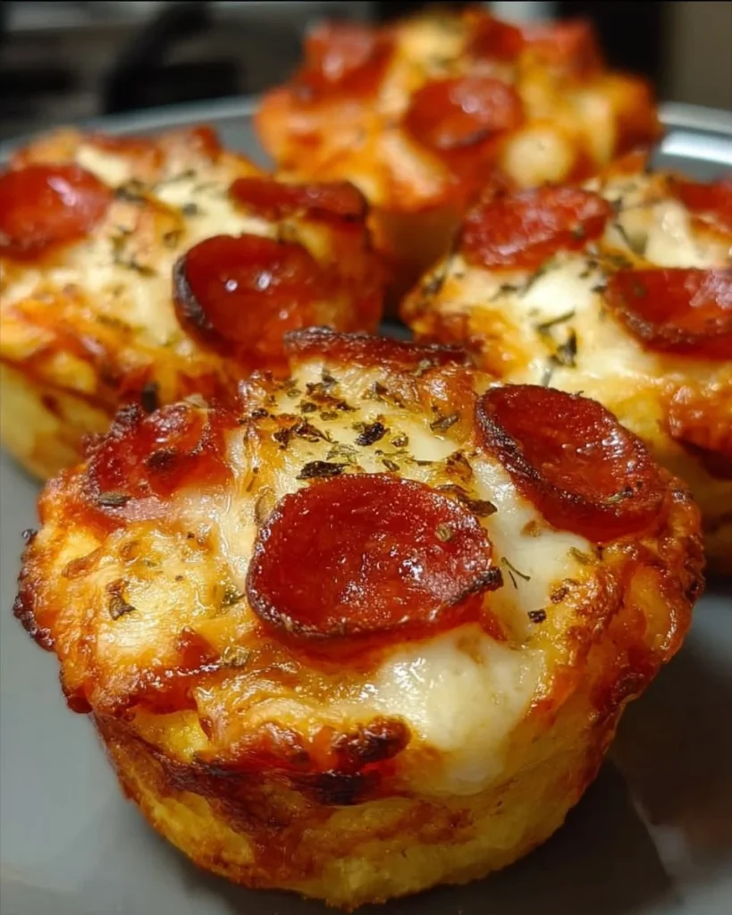 Delicious pizza cupcakes topped with cheese and pepperoni