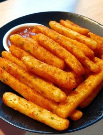 Delicious homemade potato sticks served in a bowl with dipping sauce.
