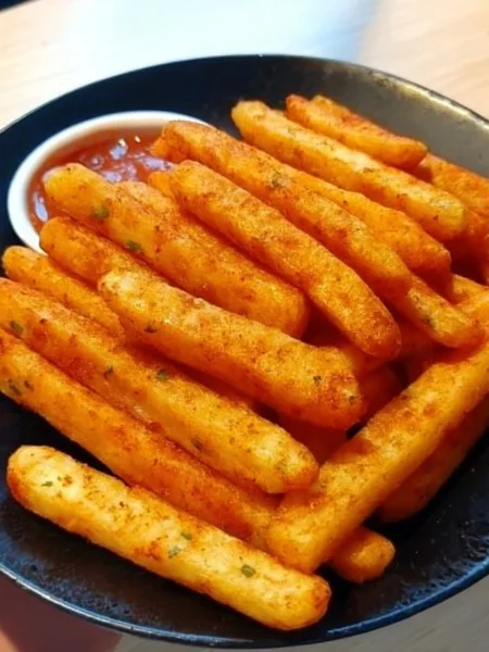Delicious homemade potato sticks served in a bowl with dipping sauce.