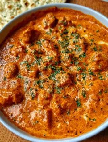Delicious homemade butter chicken served with rice and garnished with cilantro