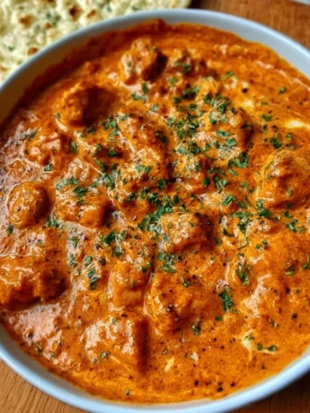 Delicious homemade butter chicken served with rice and garnished with cilantro