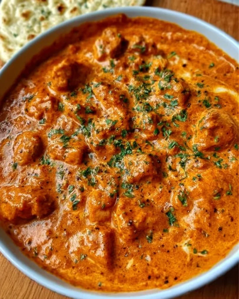 Delicious homemade butter chicken served with rice and garnished with cilantro