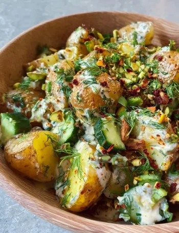 Delicious roasted potato salad served in a bowl with fresh herbs and veggies