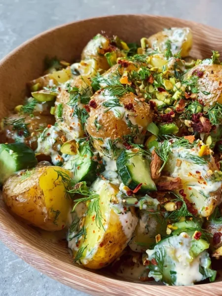 Delicious roasted potato salad served in a bowl with fresh herbs and veggies