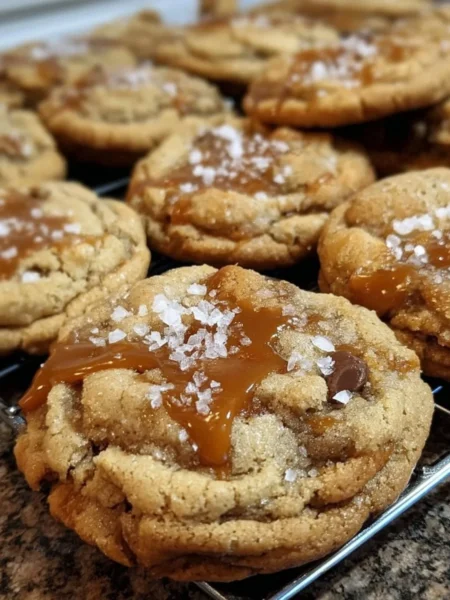 Delicious homemade salted caramel cookies on a baking tray