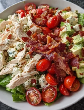Savory BLT chicken salad with bacon, lettuce, and tomatoes in a bowl