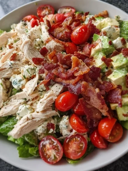 Savory BLT chicken salad with bacon, lettuce, and tomatoes in a bowl