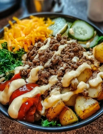 Savory smash burger bowl with fresh ingredients and rich flavors