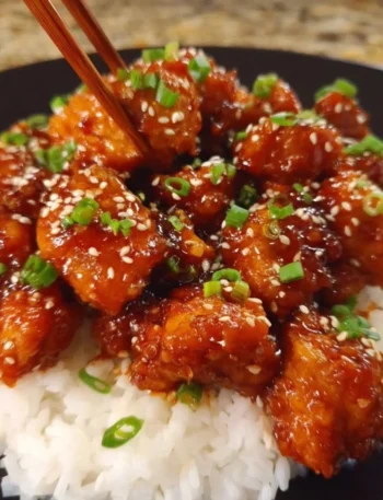 Plate of sesame chicken garnished with sesame seeds and vegetables