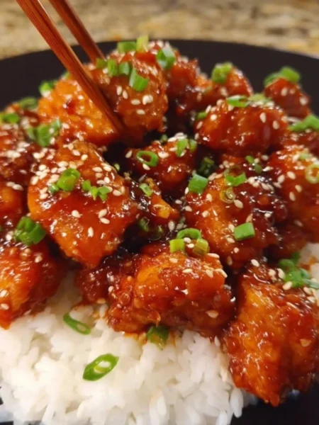 Plate of sesame chicken garnished with sesame seeds and vegetables