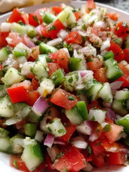 Fresh Shirazi Salad with cucumbers, tomatoes, and herbs in a bowl.