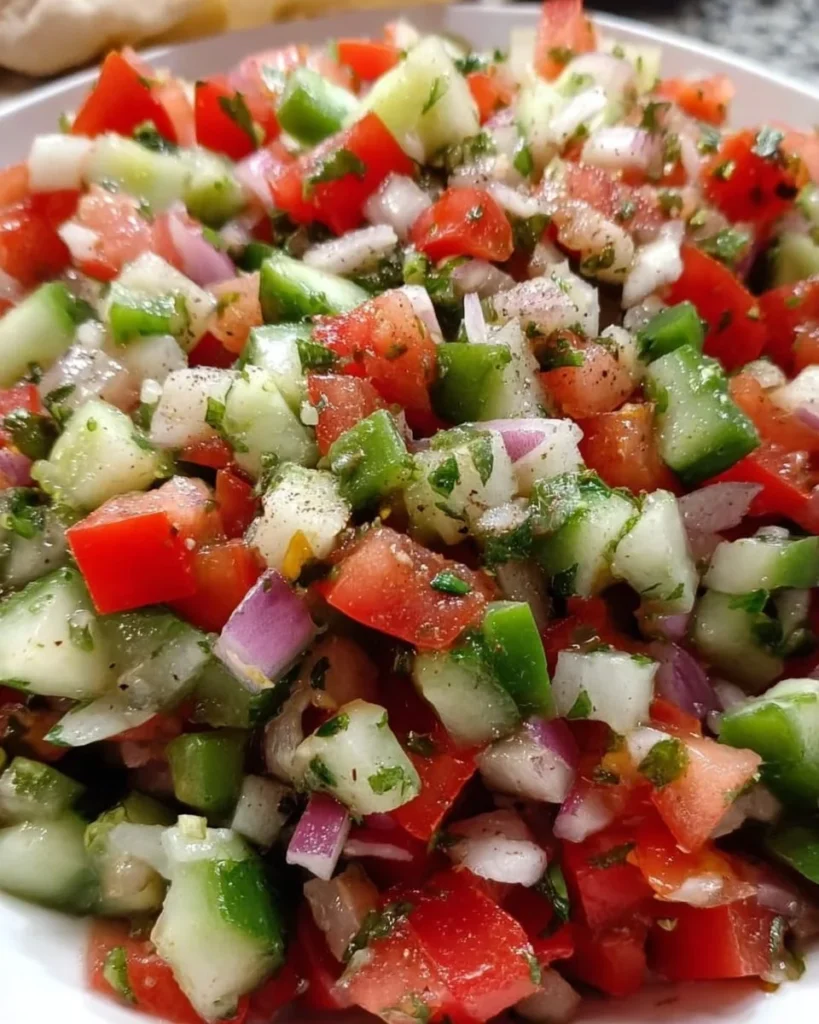 Fresh Shirazi Salad with cucumbers, tomatoes, and herbs in a bowl.