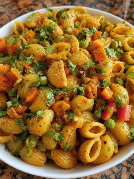 Delicious spiced macaroni pasta served in a bowl with fresh herbs
