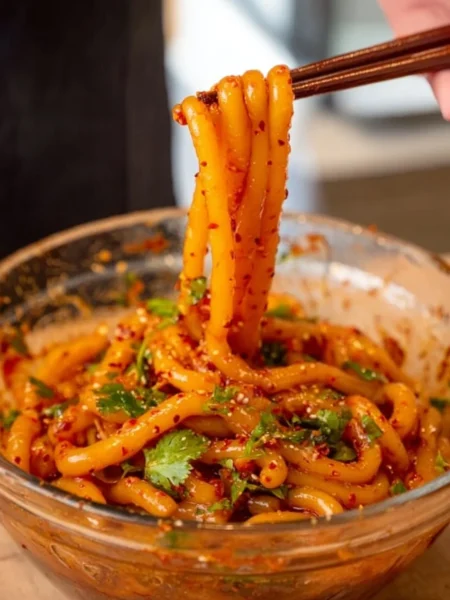 Delicious spicy potato noodles topped with fresh herbs and spices