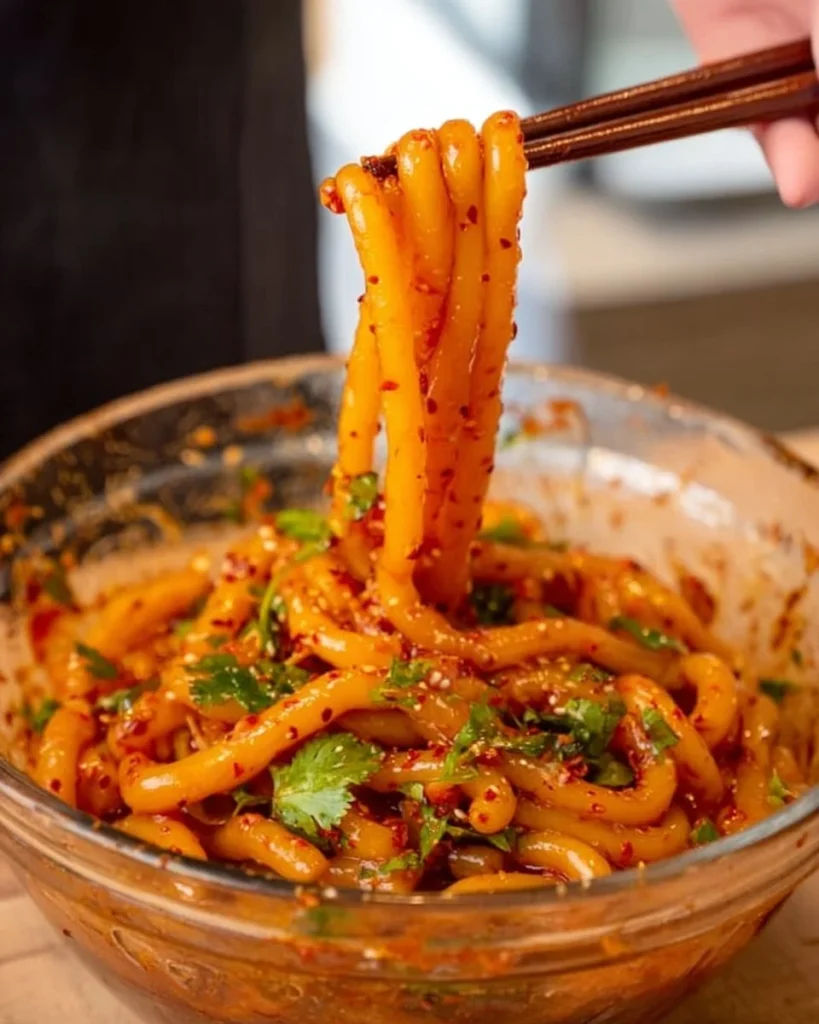 Delicious spicy potato noodles topped with fresh herbs and spices