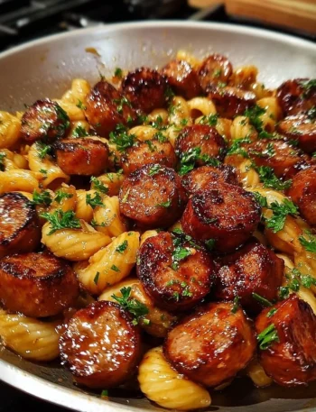 Sticky honey garlic sausage pasta skillet garnished with herbs