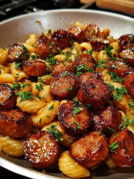 Sticky honey garlic sausage pasta skillet garnished with herbs